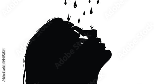Silhouette of woman drinking coffee or tea with raindrops falling on her face in black and white minimalist illustration