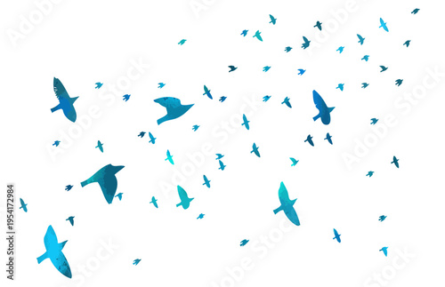 Flying birds blue silhouette flock. hand drawing. Not AI. Vector illustration