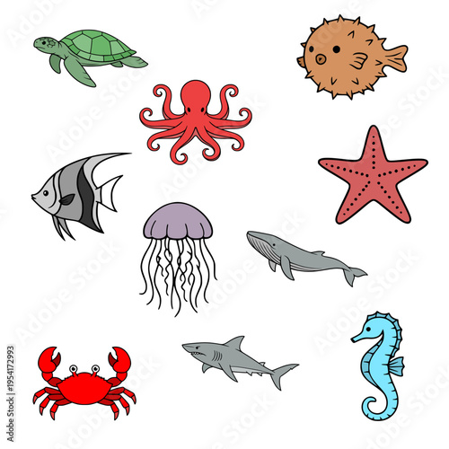 Cute Marine Life Illustration Collection with Cartoon Underwater Animals Set