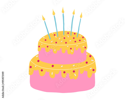 Cute hand-drawn pink birthday cake with yellow icing, vector illustration. Adorable layered cake with blue candles, perfect for party decorations, greeting cards, and celebration designs.	