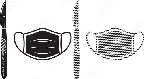 Three different types of face masks paired with paintbrushes in black and white illustration