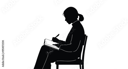 Silhouette of woman sitting in chair writing in notebook with pen, profile view, black and white, isolated on white background