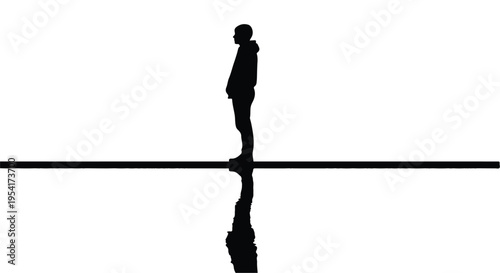 Silhouette of young businessperson standing on tightrope with reflection in calm water representing balance and focus in professional life