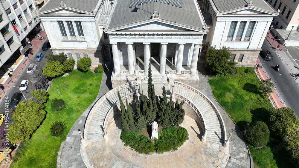 Fototapeta premium Aerial drone photo of iconic historic neoclassic building of Library of Athens next to University, Athens, Attica, Greece