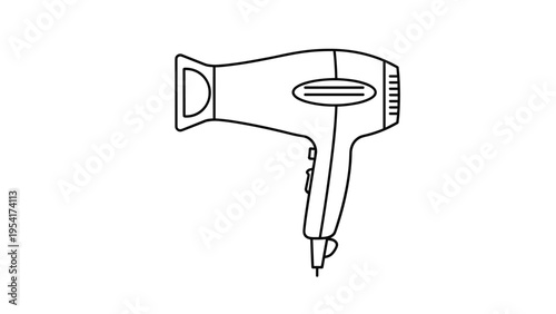 Black line art drawing of a standard handheld hairdryer used for hair styling and grooming in a professional salon environment.