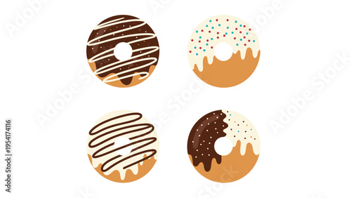 Four tasty donuts with different sweet toppings including chocolate glaze, colorful sprinkles, and white icing swirls.