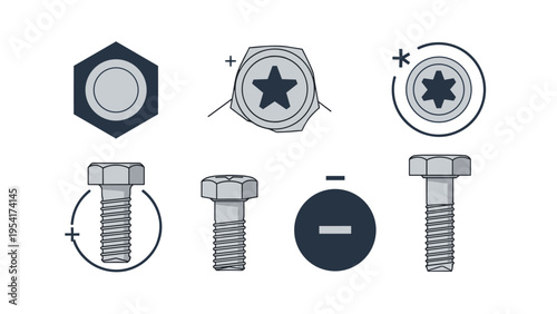 Collection of metal bolts and various screw heads from different perspectives including top and side views for hardware needs.