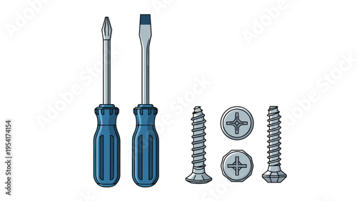 Pair of dark blue handled screwdrivers displayed with several silver metal screws and their corresponding head shapes.