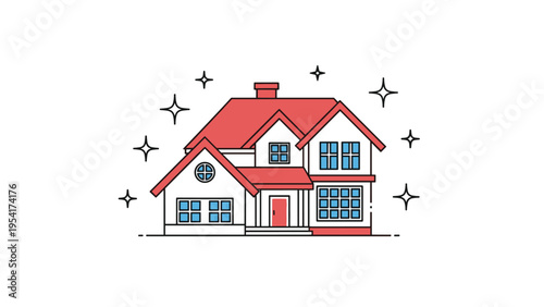 Clean and well maintained white residential house icon with red roofing and sparkling stars for a new home concept.