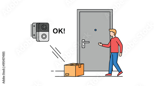 Smart home security concept showing a person approaching a front door with a package while a camera records the event.