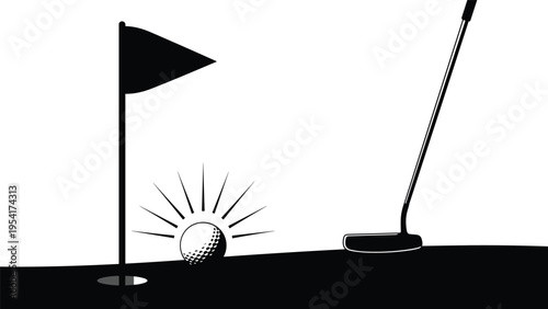 Silhouette of a golf ball approaching a hole with a flag and a putter club representing a successful shot on the green.