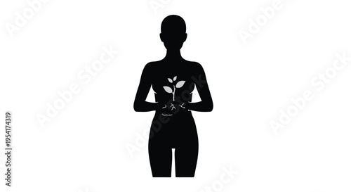Silhouette of woman holding coffee cup in modern minimalistic style with plant indoor