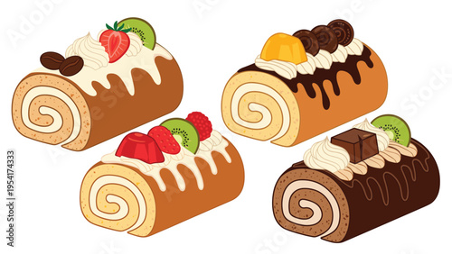 Assorted sweet cake rolls with cream filling and various fruit toppings including strawberry kiwi and coffee beans decorations.