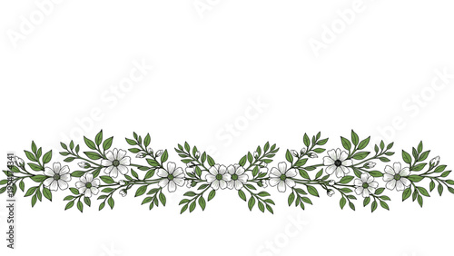 Horizontal floral border illustration featuring delicate white flowers and green leaves for greeting cards and wedding invitations.