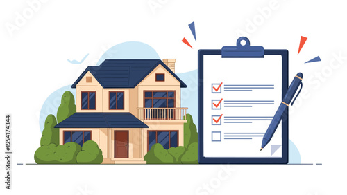 Two story house standing next to a giant clipboard with a checklist and pen used for home inspection or moving task planning.
