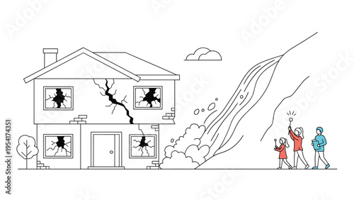 Dramatic illustration of a house being damaged by a landslide or mudflow while a family flees to safety during a disaster.