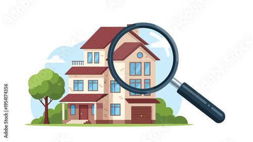 Detailed illustration of a multi story residential home viewed through a large magnifying glass for real estate appraisal concepts.