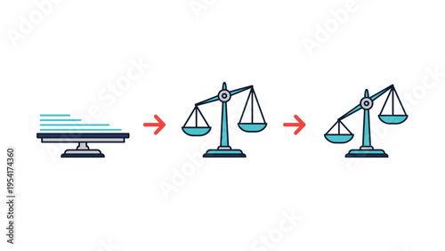 Business graphic illustrating a balance scale comparing stacks of documents to represent legal weighing or evidence analysis.