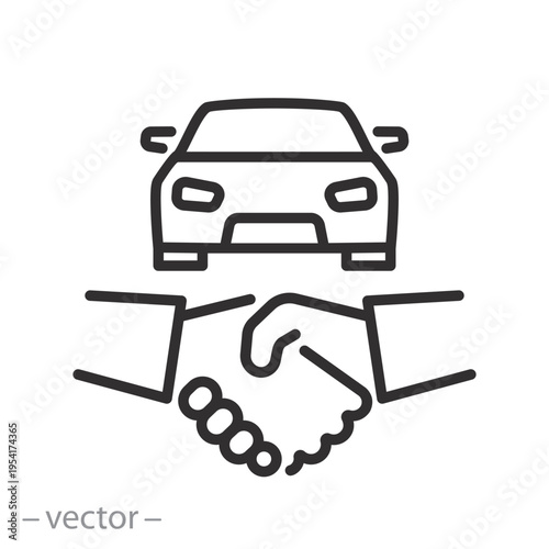 car handshake icon, car deal with hand shake, outline vector illustration