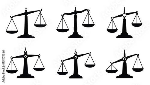 Set of six black balance scale icons showing different states of equilibrium for justice law or comparison design elements.