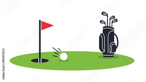 Golf ball rolling into a hole on a green field next to a golf bag containing various clubs under a clear outdoor sky.