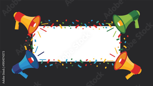 Four colorful megaphones or loudspeakers pointing at a white blank banner with confetti for announcements and celebrations.