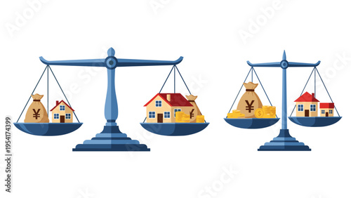 Comparison of real estate values using balance scales with money bags coins and houses representing investment and mortgage.