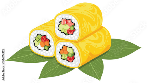 Set of three Japanese egg rolled sushi rolls served on fresh green leaves representing traditional Asian cuisine and snacks.