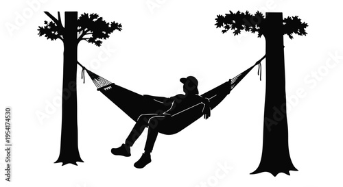 Relaxing man silhouette in hammock between trees in forest outdoors at daytime leisure moment