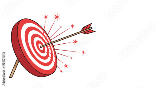 Red and white target board with an arrow hitting the center bullseye and sparking stars representing success and achievement.