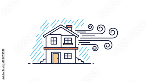Simple illustration of a house facing heavy rain and strong winds representing extreme weather conditions and storm protection.