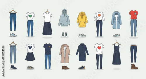 Collection of various clothing items displayed.
