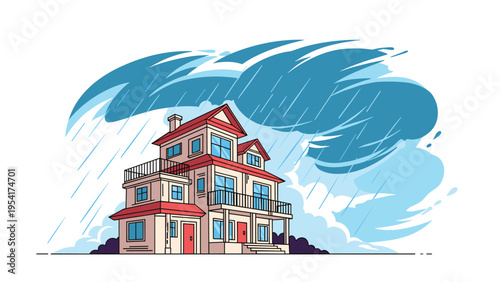 Modern suburban house facing an enormous dark blue wave or heavy rainstorm during a flood or severe coastal weather event.