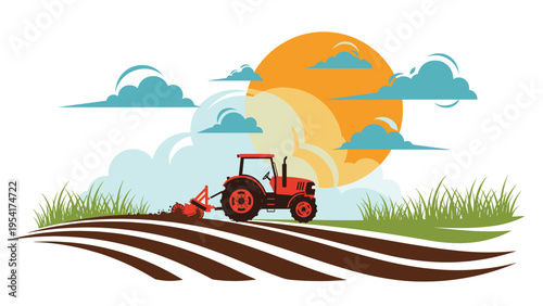 Red tractor plowing a brown field under a bright orange sun and stylized blue clouds in a flat landscape agriculture illustration.