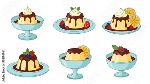 Assortment of flan or caramel pudding desserts decorated with whipped cream, berries, and orange slices on light blue plates.
