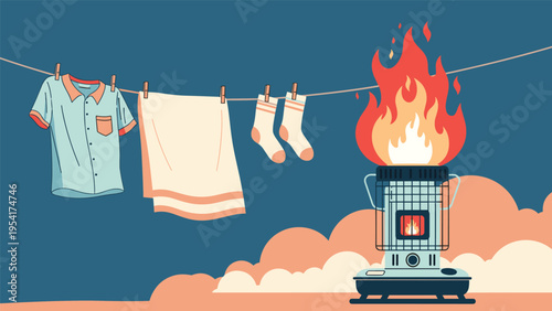 Dangerous situation showing clothes hanging on a wire directly above an open flame from a kerosene heater in a dark blue room.