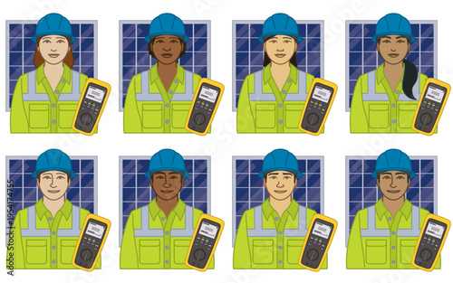 diversity, race, ethnicity of solar photovoltaic installer vector icons, male and female, wearing hard hat and coveralls, including a digital multimeter, isolated on a white background