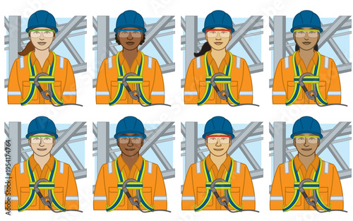 diversity, race, ethnicity of iron and/or steel worker vector icons, male and female, wearing hard hat and safety harness, including structural steel in the sky, isolated on a white background