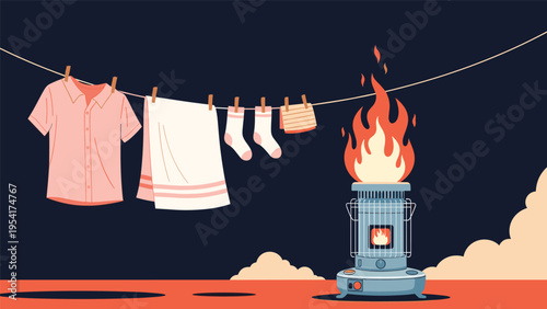Hazardous domestic scene with laundry drying on a rope placed too close to a large fire coming from a space heater at night.