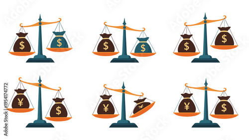 Comparison of currency value using six balance scales showing bags of money with dollar and yen symbols in different positions.