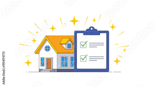 Small house standing next to a large clipboard with green check marks and sparkling stars representing a successful inspection.