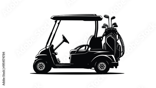 Silhouette of a golf cart from a side view equipped with a single golf bag and sets of clubs in a minimal black and white style.