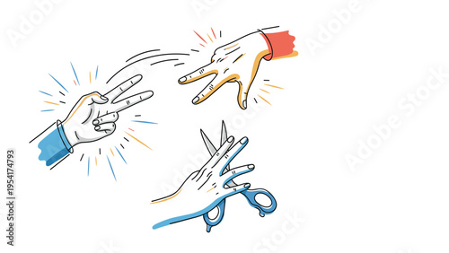 Illustrated hands showing rock, paper, and scissors gestures in a dynamic composition for a classic hand game competition.