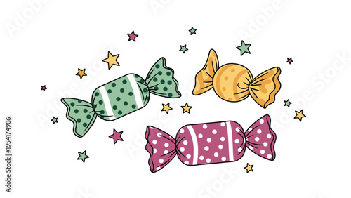 Group of three colorful wrapped candies with dots and stripes patterns surrounded by small stars in a whimsical candy illustration.