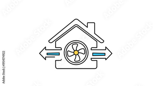 House icon featuring a circular fan in the center with blue arrows pointing outwards to illustrate home ventilation and air flow.