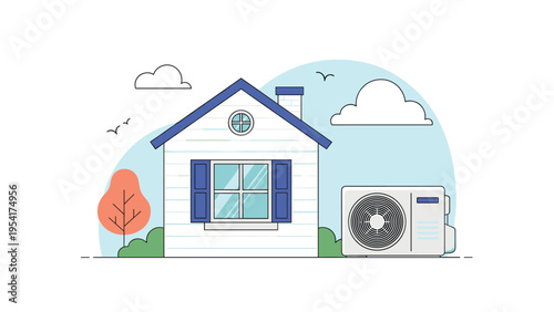 Front view of a white modern house with blue shutters and a large air conditioning outdoor unit installed on the side garden.