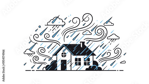 House illustration during a severe rainstorm with heavy raindrops, strong wind swirls, and dark clouds signifying a weather crisis.