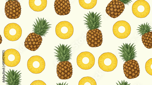 Seamless summer pattern featuring whole pineapples with green leaves and round yellow pineapple slices on a light cream background.