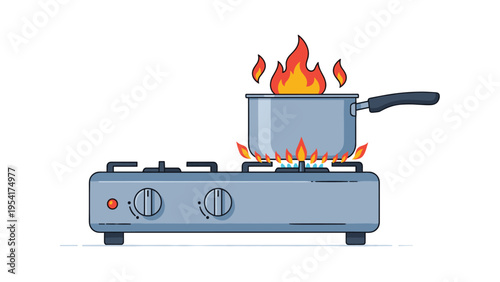 Metal cooking pot on a gas stove with a large orange fire coming out from under the lid indicating a dangerous kitchen fire.