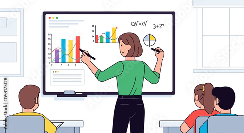 Teacher instructs students on math and data analysis in a modern classroom.